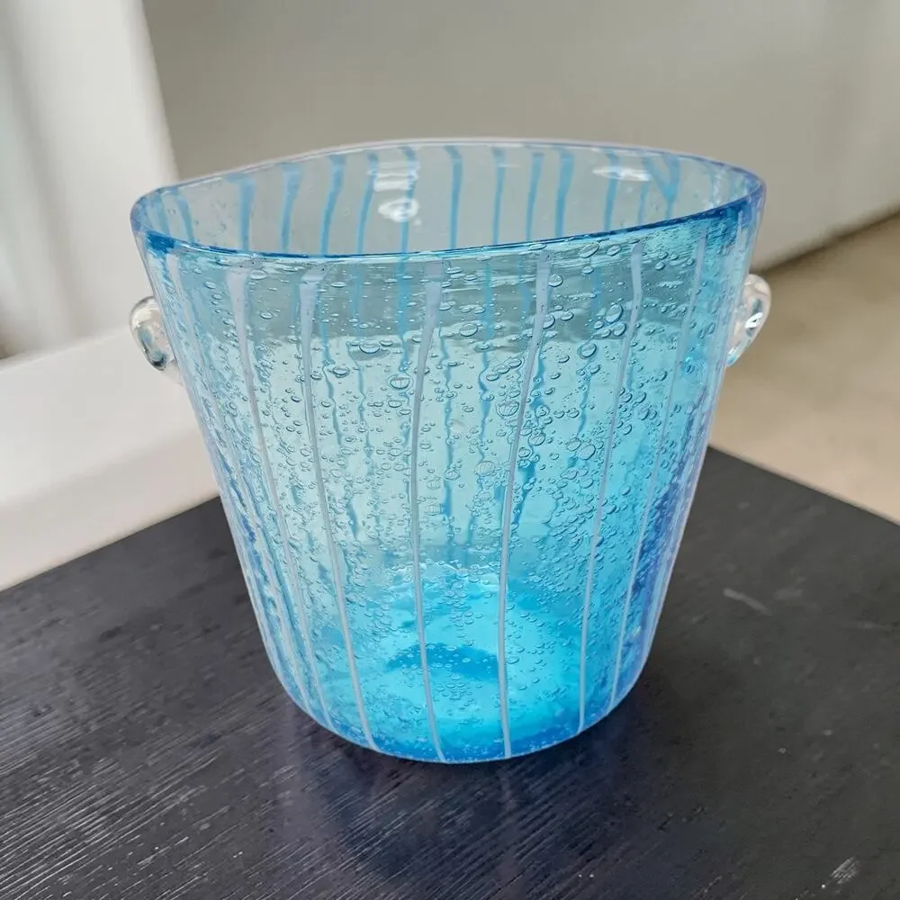 Murano Aqua Blue Art Glass Ice Bucket Bullicante Wine Chiller Coastal Decor